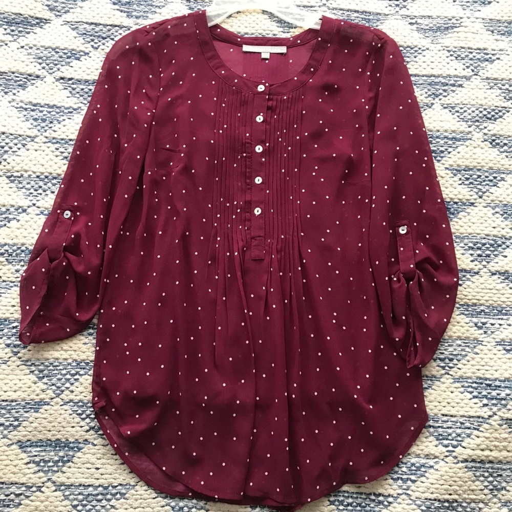 Daniel Rainn Burgundy Red Polka Dot Blouse Flowy Classic PXS